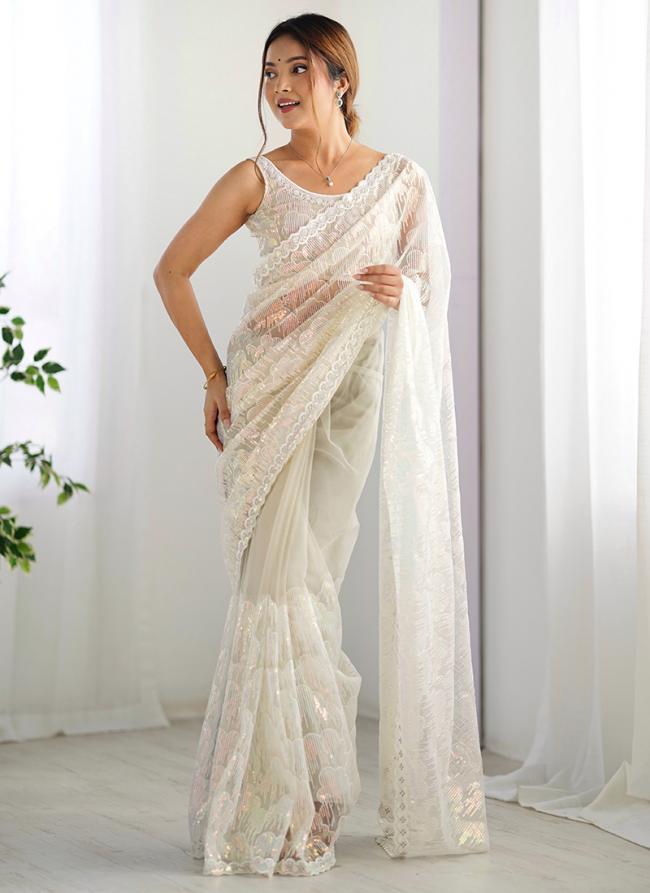 Mono Net Cream Party Wear Sequins Work Saree